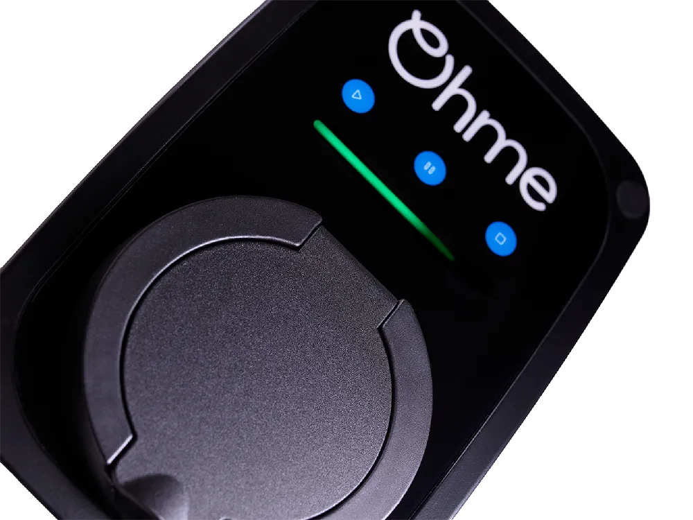 Close-up of the Ohme ePod untethered EV charger, showing socket cover and LED status lights.